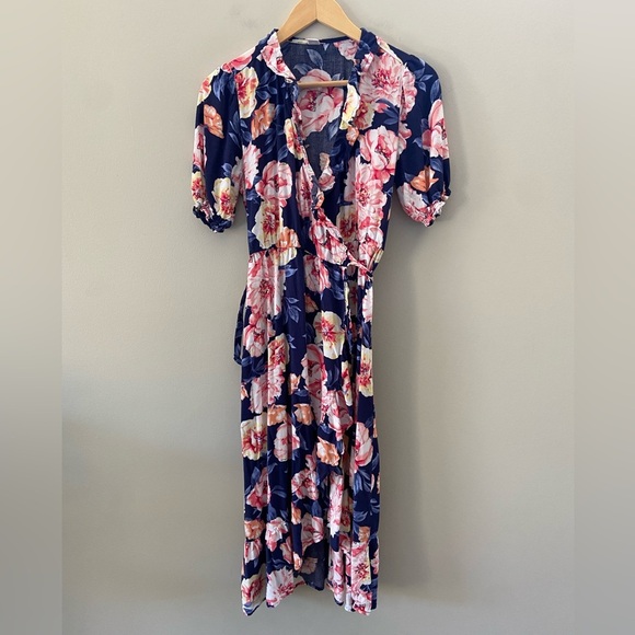 Old Navy Floral Navy Blue and Pink Midi Wrap Dress - Picture 2 of 4